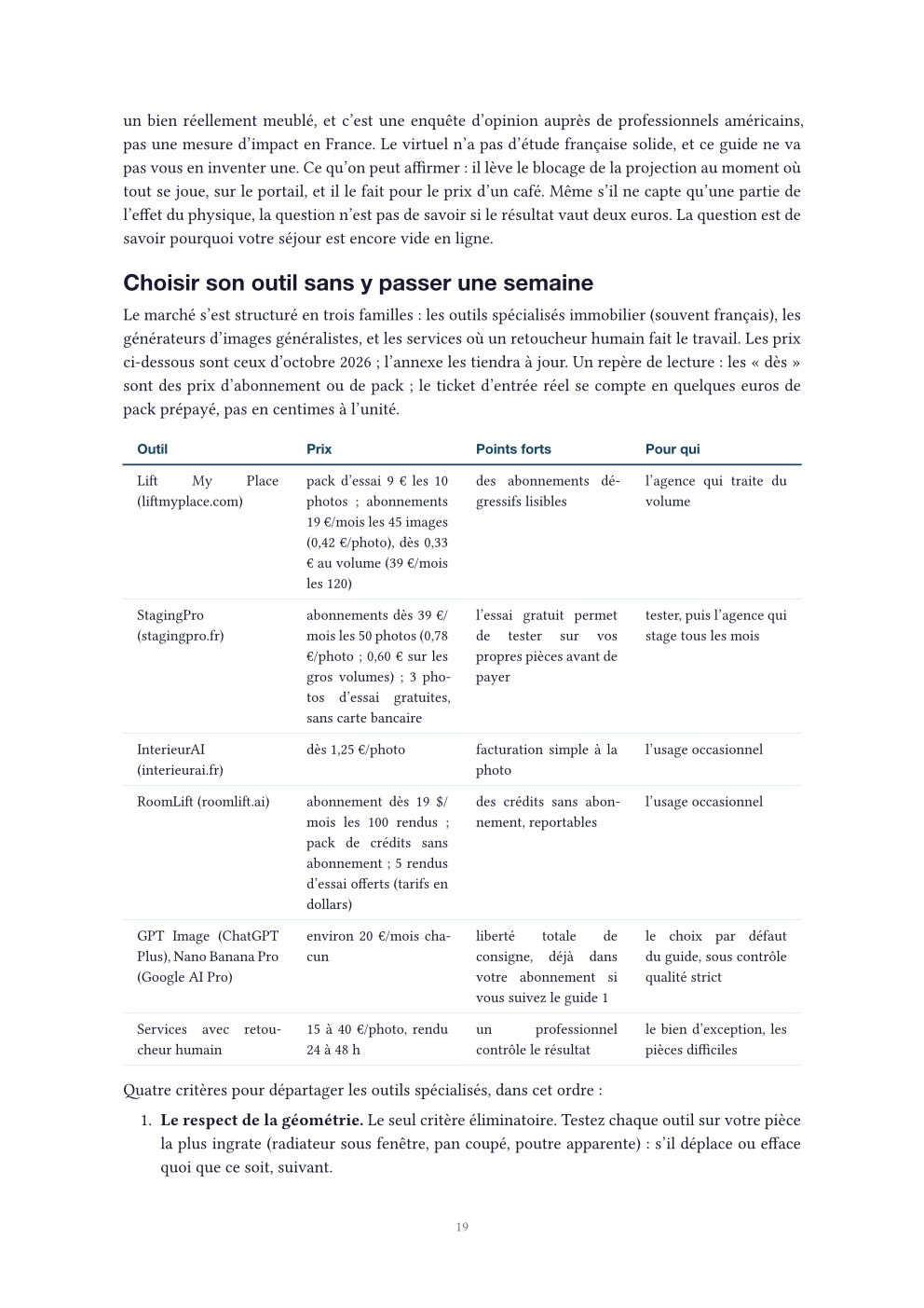 Page du comparatif des outils de staging virtuel avec leurs prix